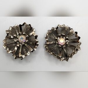 Vintage Signed BED Silver-tone Mesh Rhinestone Flower Earrings Clip on